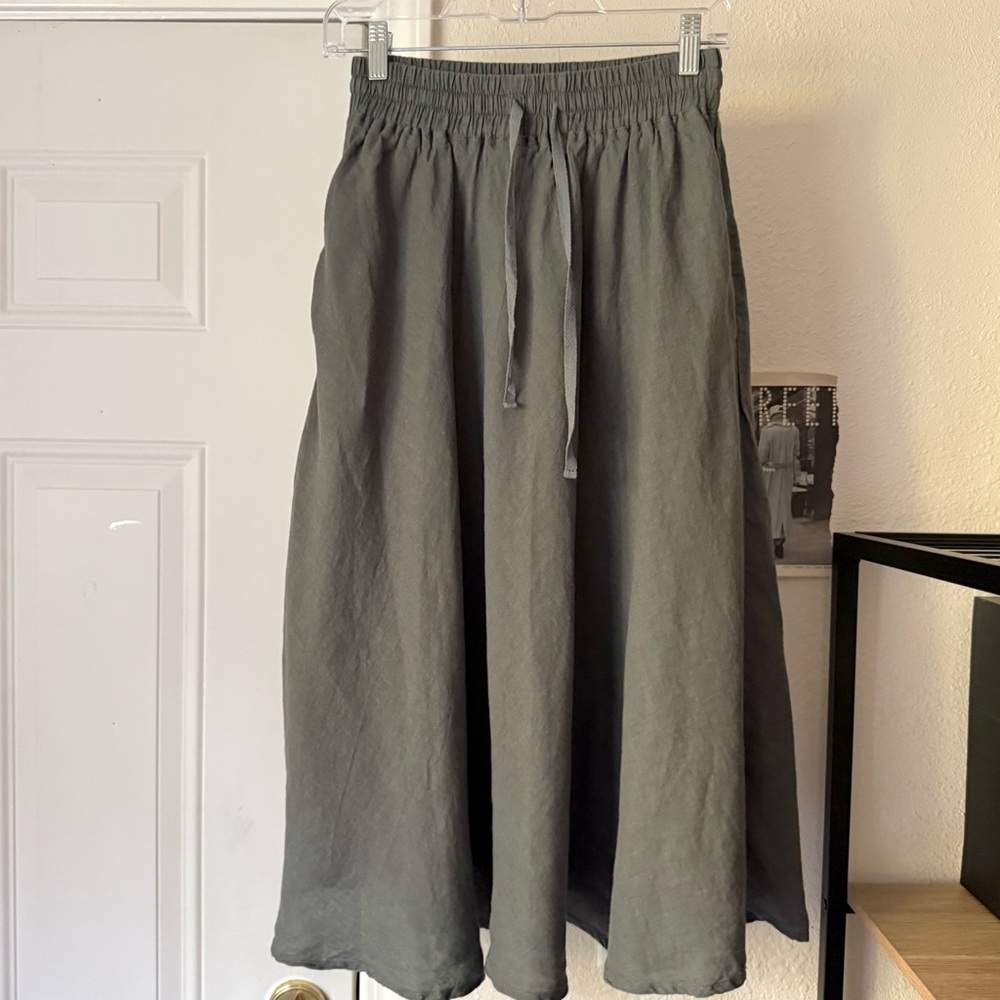 LEN OK grey linen elastic drawstring waist pull on midi skirt